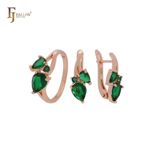 Conjunto de joyas de oro rosa con anillos y ramas de circonitas cúbicas verde esmeralda en racimo