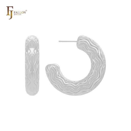 Pendientes tipo aro en forma de C con flores en zigzag en forma de tubo redondeado paralelo, en oro de 14 quilates, oro rosa y oro blanco.