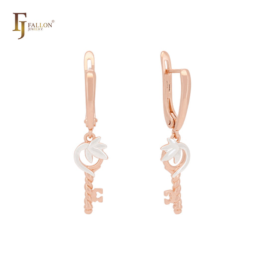 Pendientes de clip en dos tonos de oro rosa con forma de llave de hojas giratorias