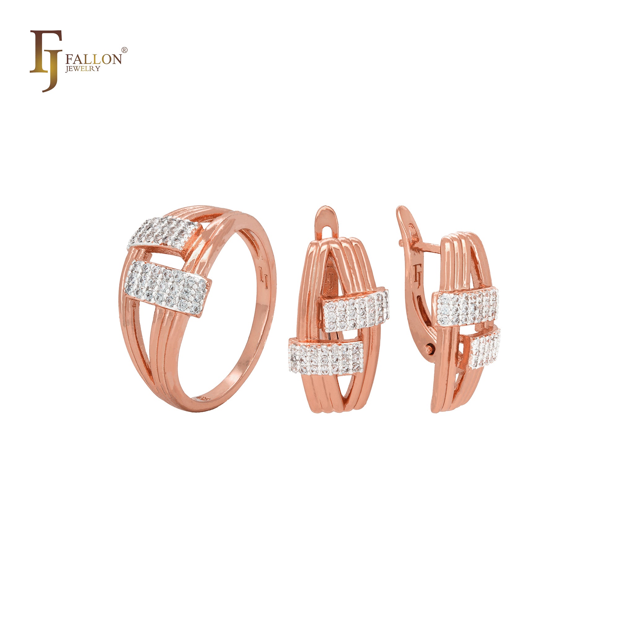 Conjunto de joias bicolor com zircônias cúbicas geométricas brancas e ouro rosa com anéis