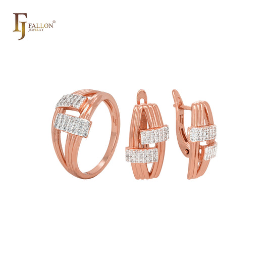 Conjunto de joyas bicolor en oro rosa con circonitas blancas geométricas y anillos