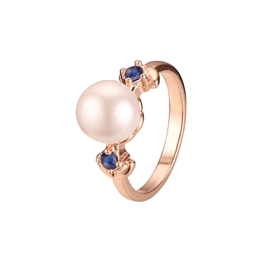 Solitaire pearl sided with 2 stones rings in 14K Gold, Rose Gold plating colors