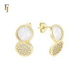 Rounded double disc of white or black onyx and white CZs cluster 14K Gold, Rose Gold Stud Earrings