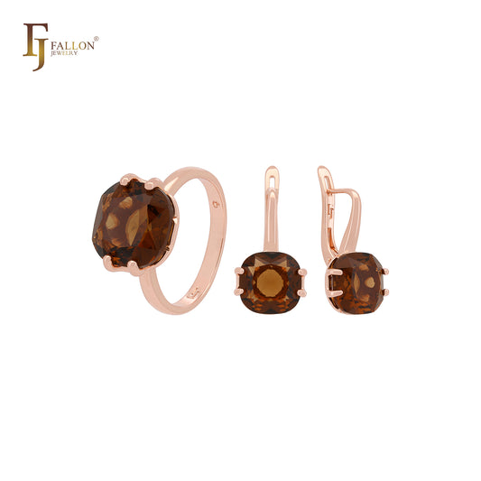 Conjunto de joyas de oro rosa con circonitas cúbicas redondeadas de 12 mm y anillos en solitario color café