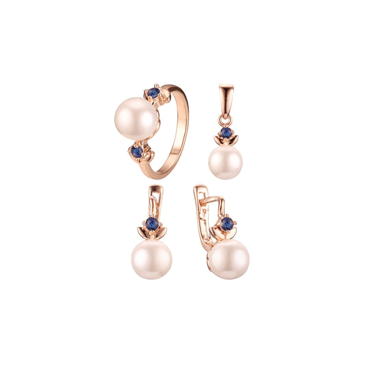 Juego de joyas con perla salpicada de piedra enchapada en Oro 14K, oro rosa