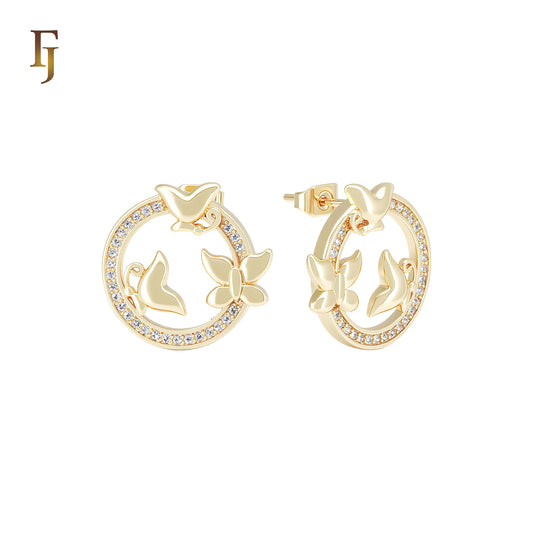 Flower Butter flower of  Circle white CZs Halo 14K Gold Stud Earrings