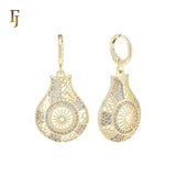 Rose flower filigree filigree of white CZs 14K Gold Huggie drop Earrings