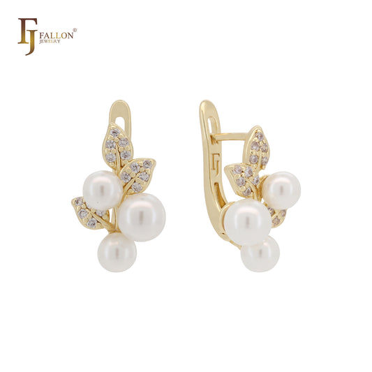 Brincos de pressão com pérolas triplas e folhas em ouro 14K, ouro rosa e dois tons