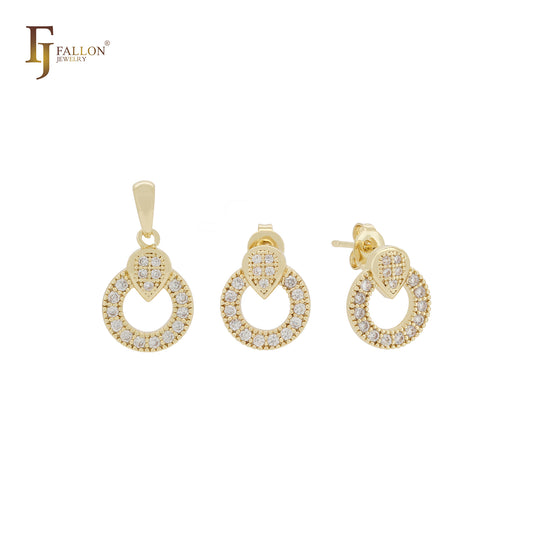 Pequeño conjunto de joyas de oro de 14 quilates con circonitas blancas circulares, colgante y pendientes tipo botón.
