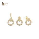 Pequeño conjunto de joyas de oro de 14 quilates con circonitas blancas circulares, colgante y pendientes tipo botón.