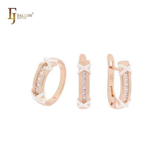 Conjunto de joyas de dos tonos en oro rosa con anillos y lazos cruzados con circonitas blancas
