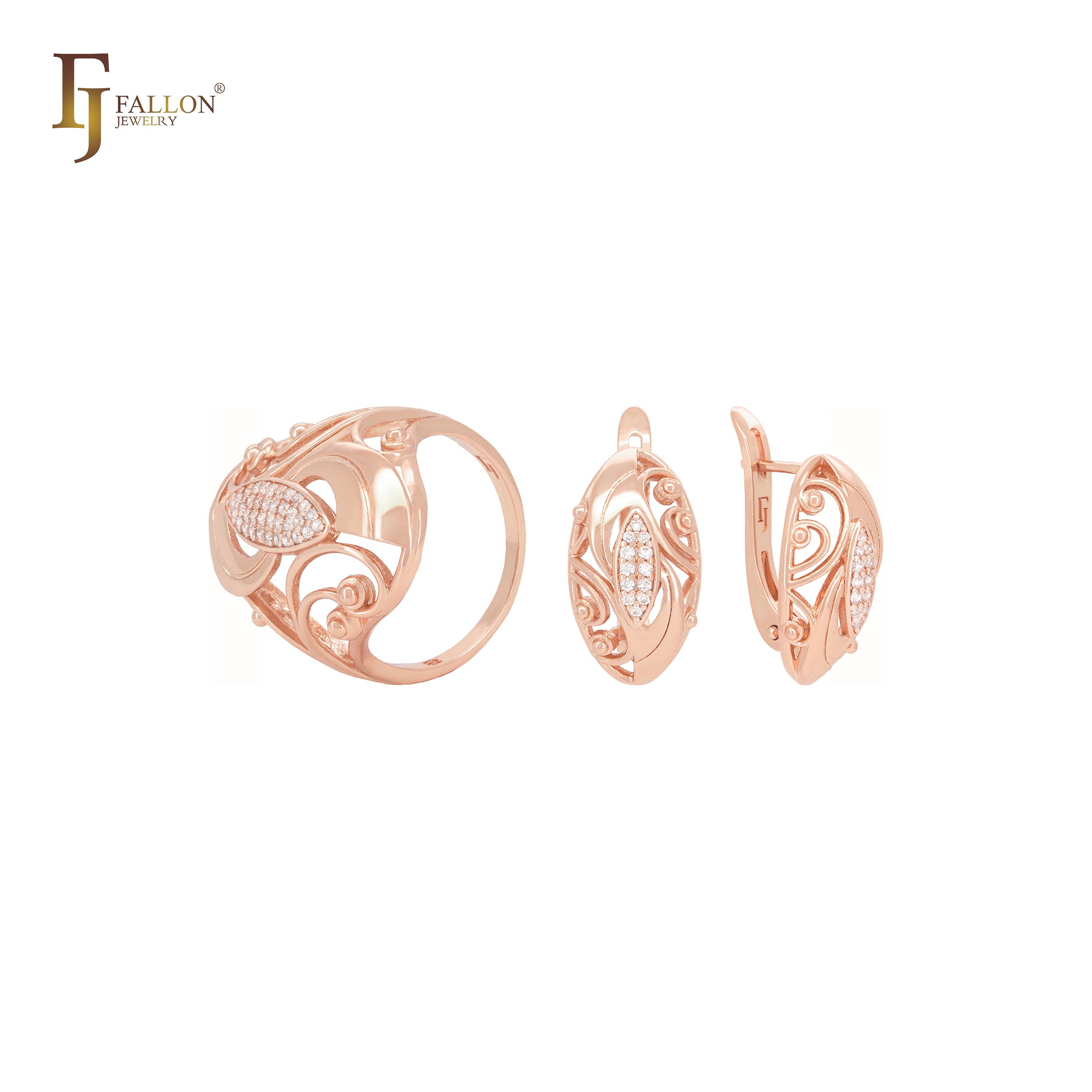 Conjunto de joyas de oro rosa con anillos y circonitas blancas de Marquesa de Marquesa