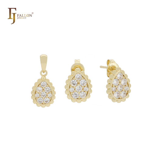 Conjunto de joyas de oro de 14 k con colgante y aretes pequeños, en forma de lágrima, con circonitas blancas redondeadas.