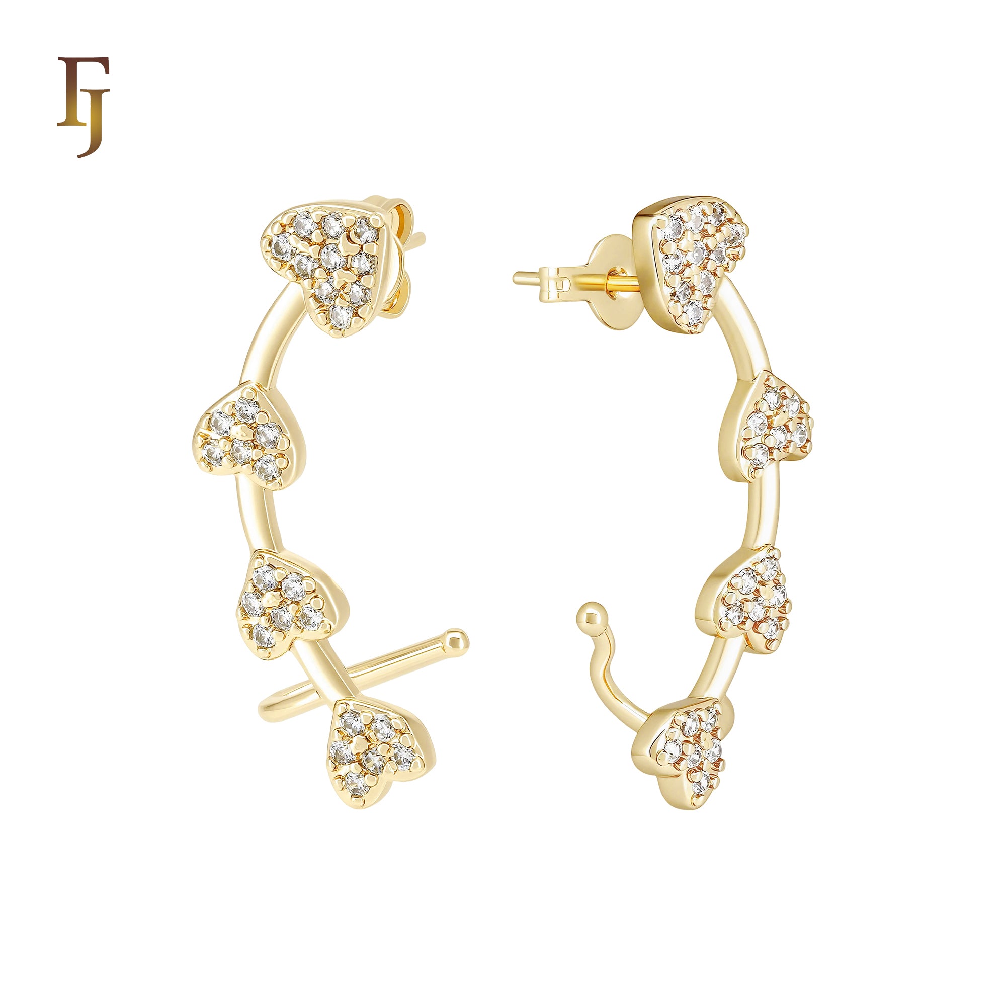 Hearty Heart of White CZs Cluster 14K Gold, Rose Gold Cuff Clip Stud Earrings