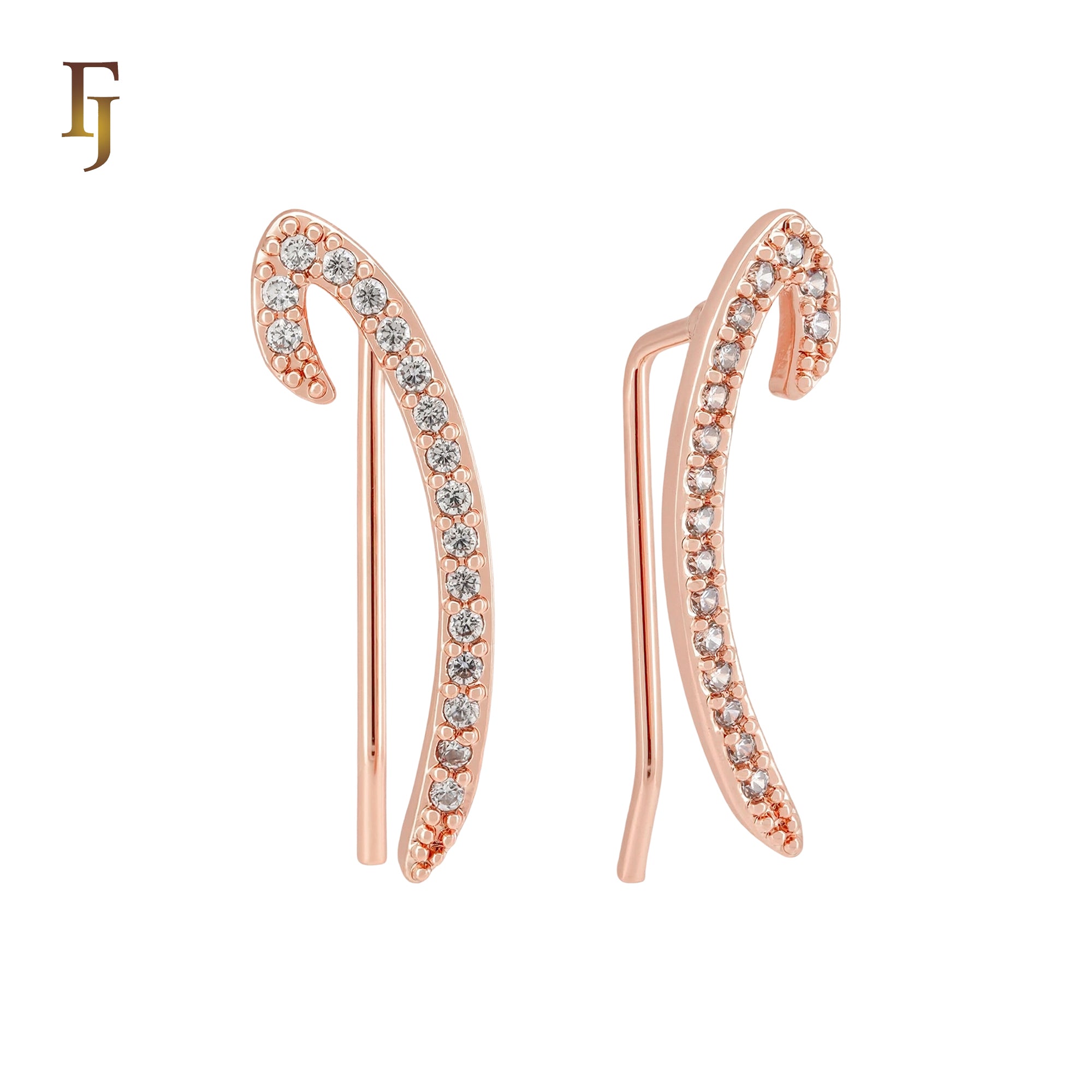 Tip white CZs paved ribbon Rose Gold Crawler Ear Climber Earrings
