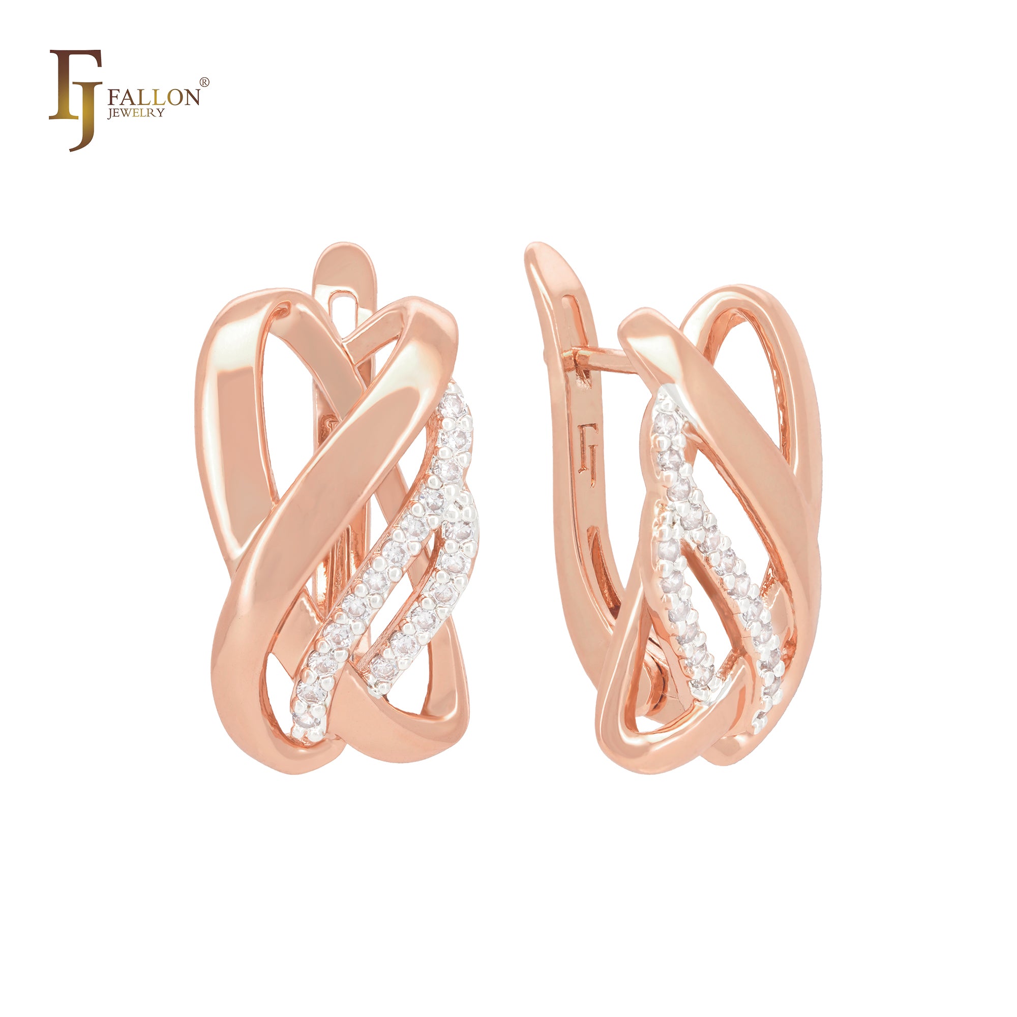 Pendientes de clip de oro rosa de dos tonos con cintas de circonitas blancas entrelazadas de varias filas