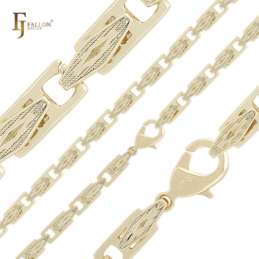 Pulseiras de corrente com fecho de pêndulo texturizado e losangos de elos extravagantes em ouro 14K