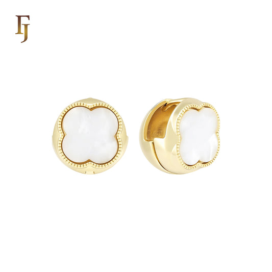 Spheric wide Black or white Onyx clover 14K Gold, Rose Gold Huggie Earrings