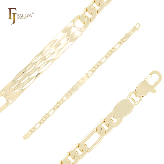 Pulseras de identificación para hombre de oro de 14 quilates con eslabones tipo fígaro y textura de rombos