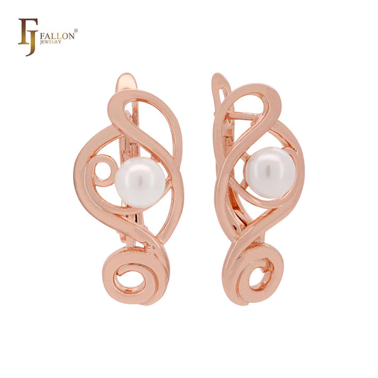 Brincos de pressão em ouro rosa com pérolas curvas entrelaçadas
