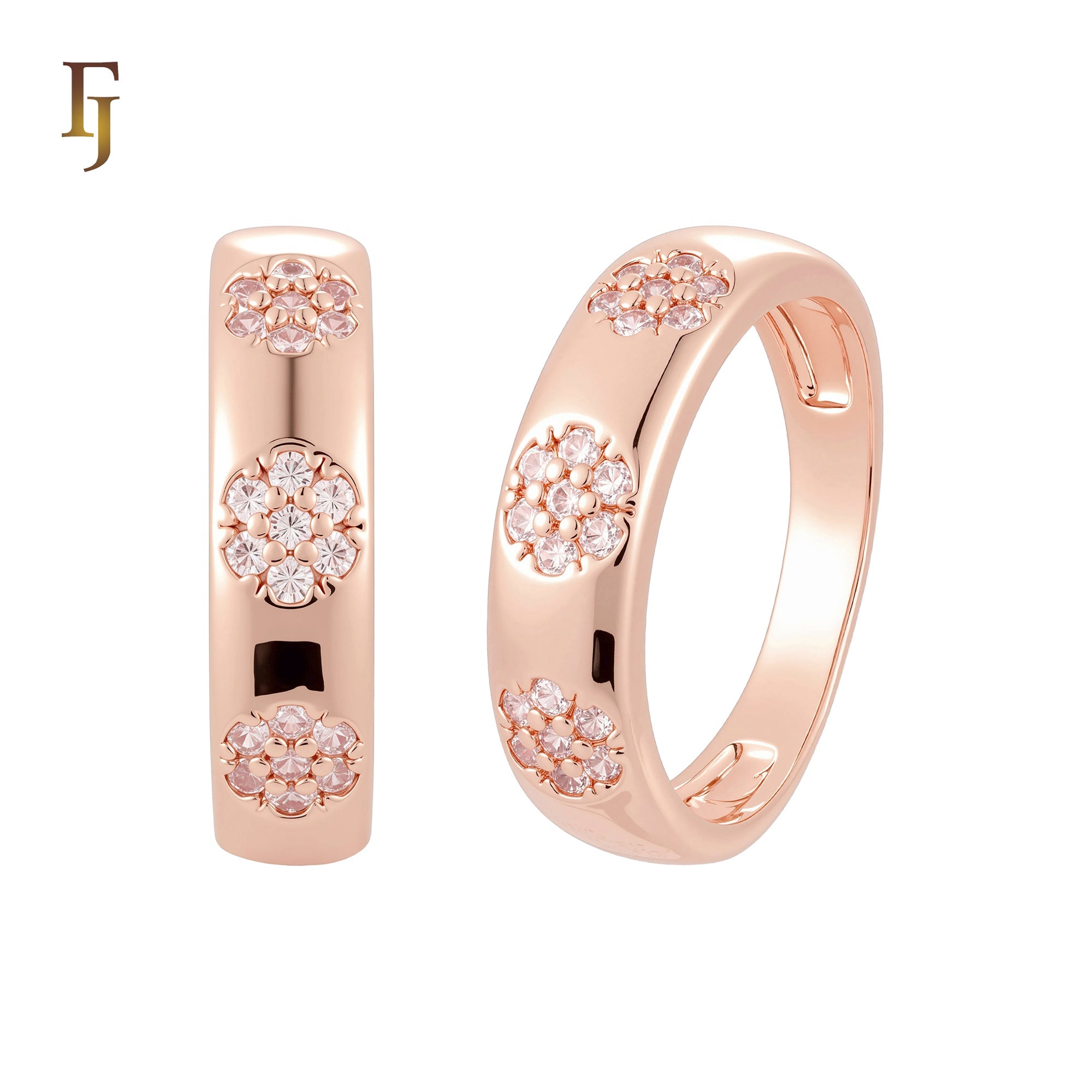 Triple Flowers white CZs 14K Gold, Rose Gold Wedding Set Rings