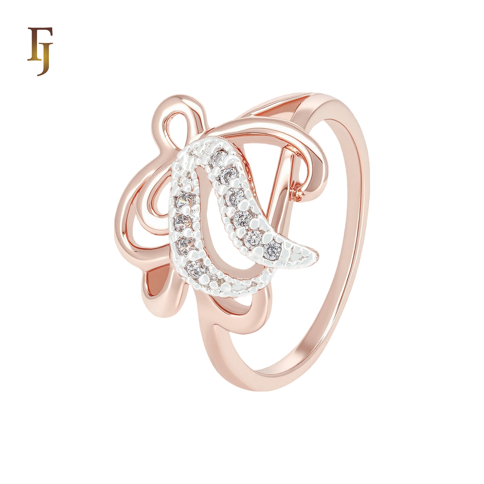 Dancing Flower butterfly of white CZs Rose Gold two tone Fashion Rings