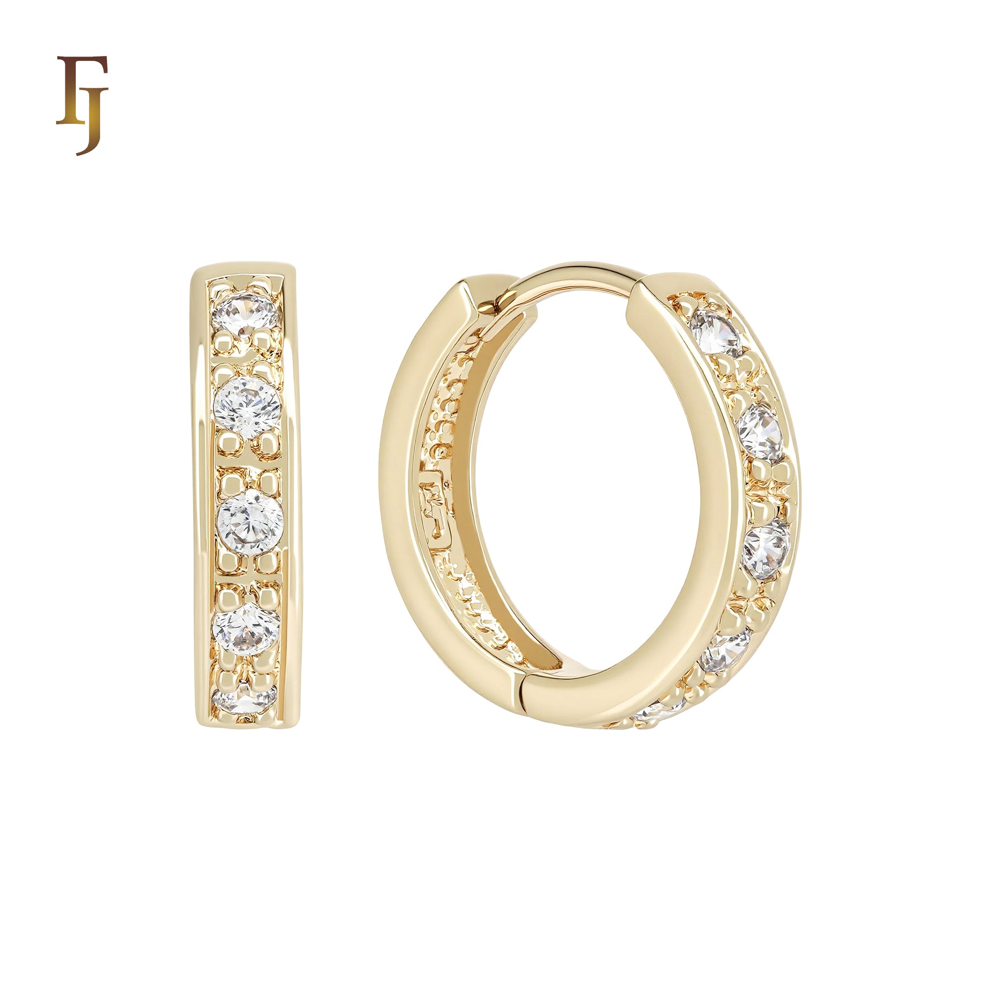 Four white CZs textured 14K Gold Hoop Earrings