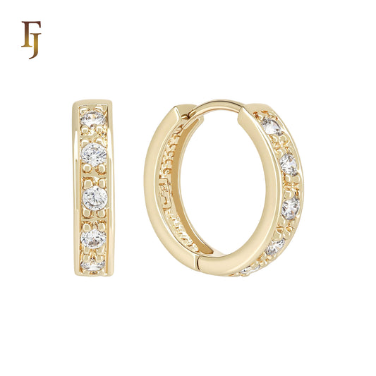 Four white CZs textured 14K Gold Hoop Earrings