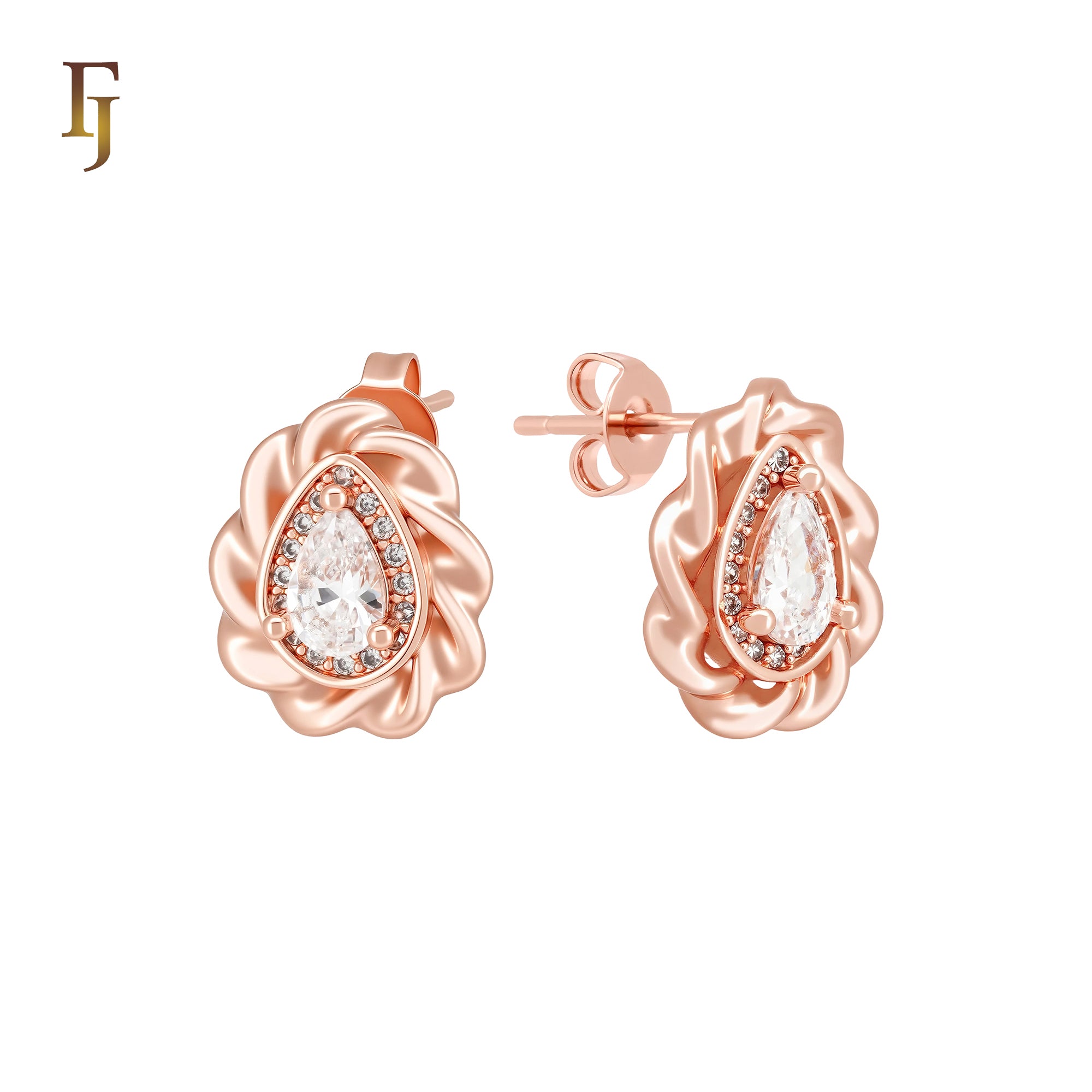 Pear shaped ribbon white CZs 14K Gold, Rose Gold Stud Earrings
