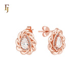 Pear shaped ribbon white CZs 14K Gold, Rose Gold Stud Earrings
