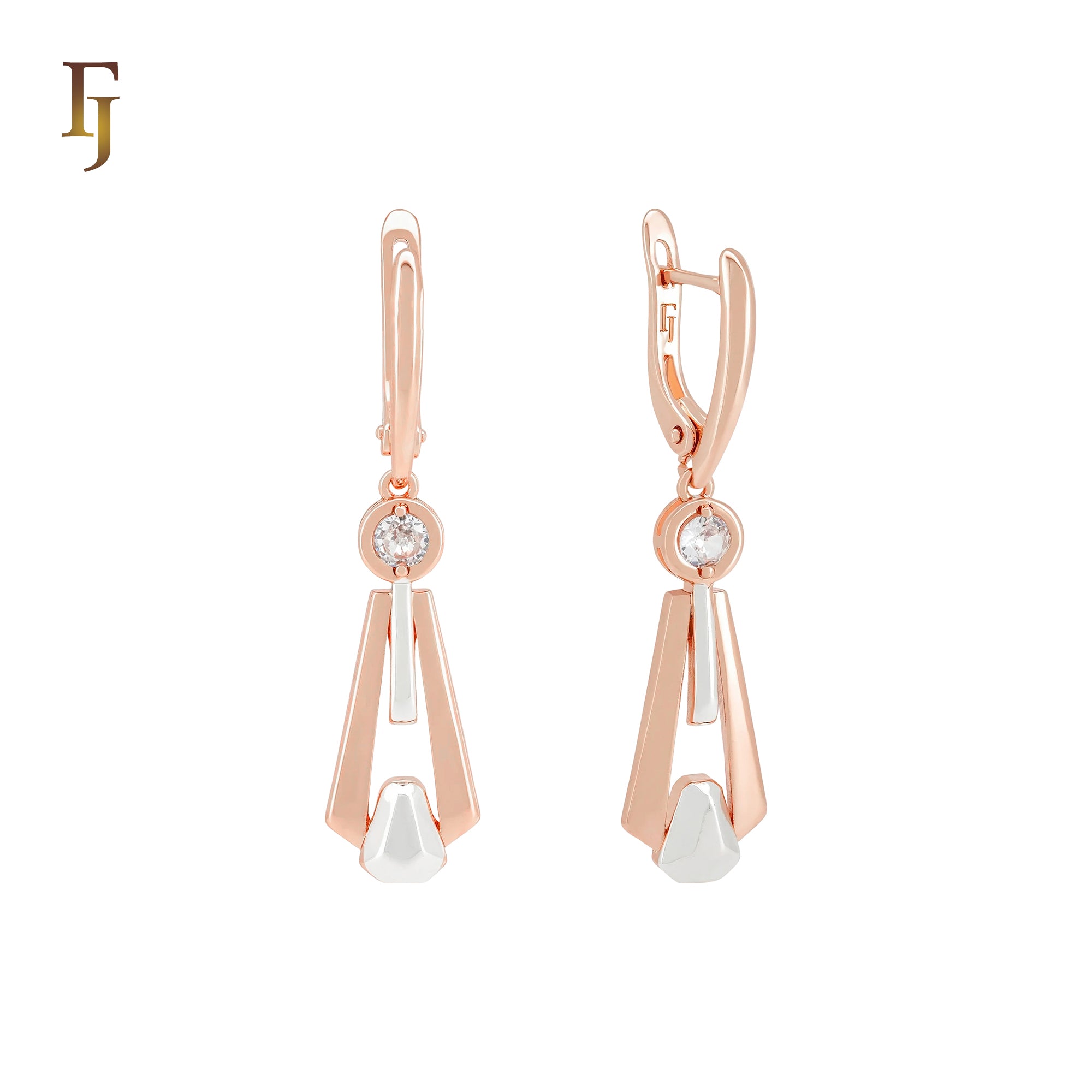 Necktie design solitaire white CZ Rose Gold two tone Russian Lock Earrings