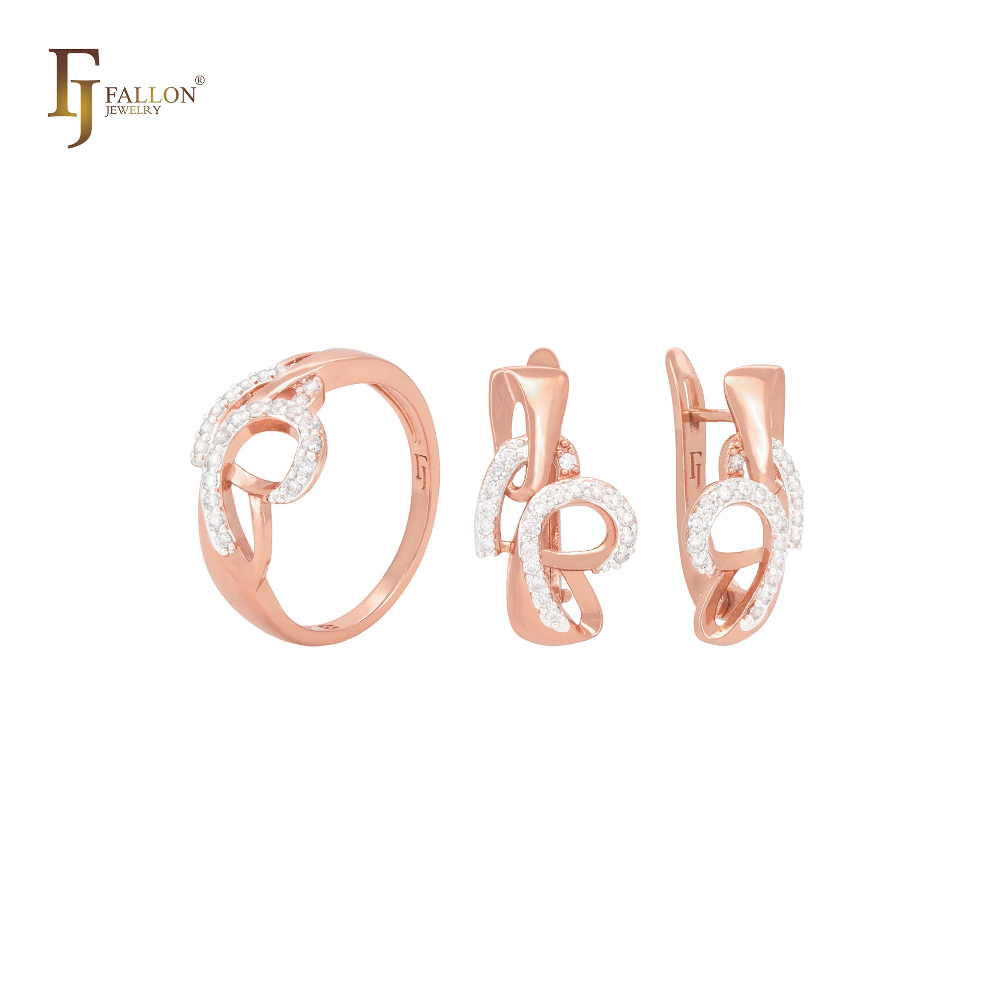 Conjunto de joyas de oro rosa con anillos y alambres entrelazados de circonitas blancas