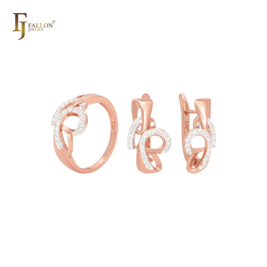 Conjunto de joyas de oro rosa con anillos y alambres entrelazados de circonitas blancas