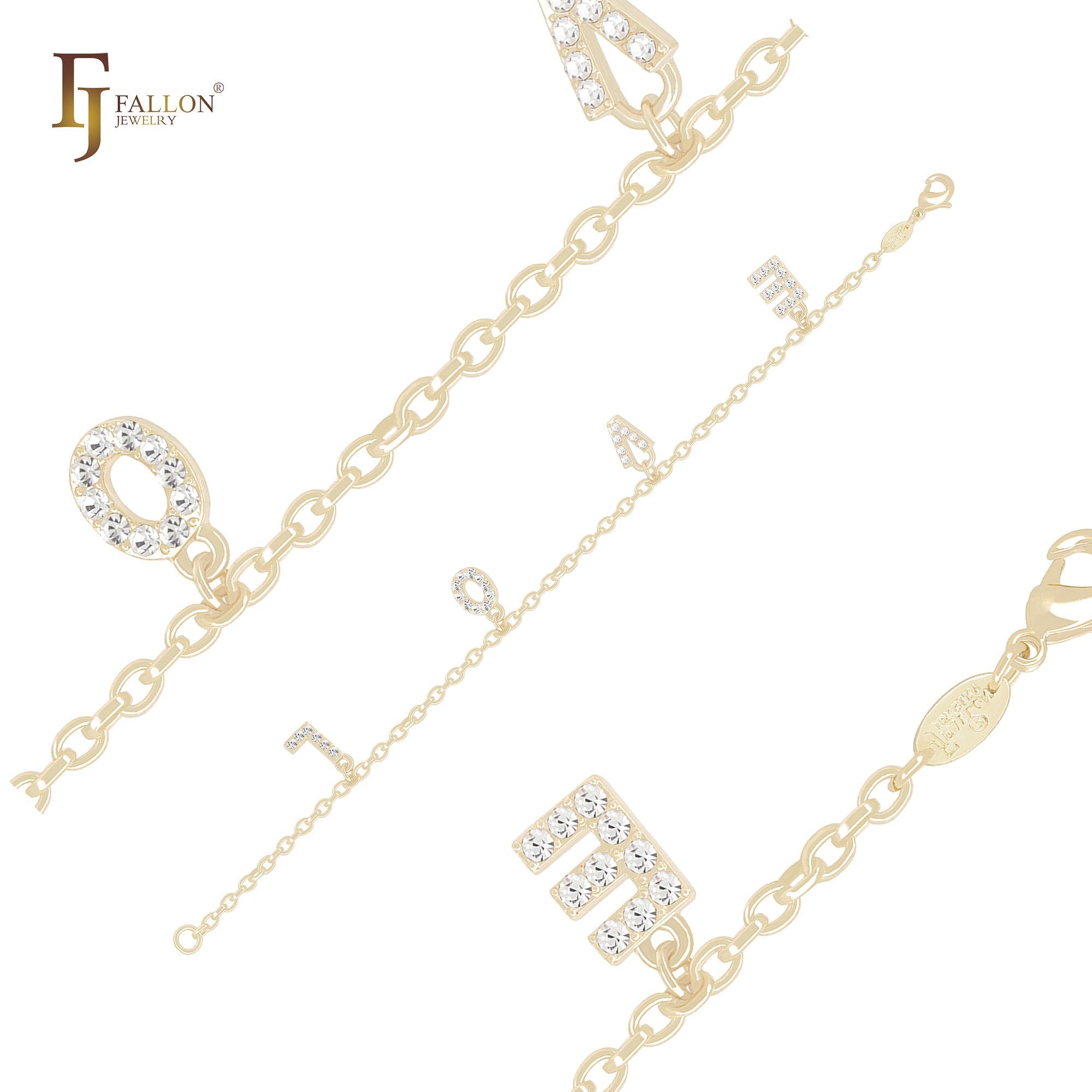 Pulseras de oro de 14 quilates con circonitas blancas y letras de amor en racimo