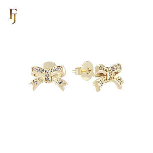 Cravat bow tie know of white CZs 14K Gold Stud Earrings