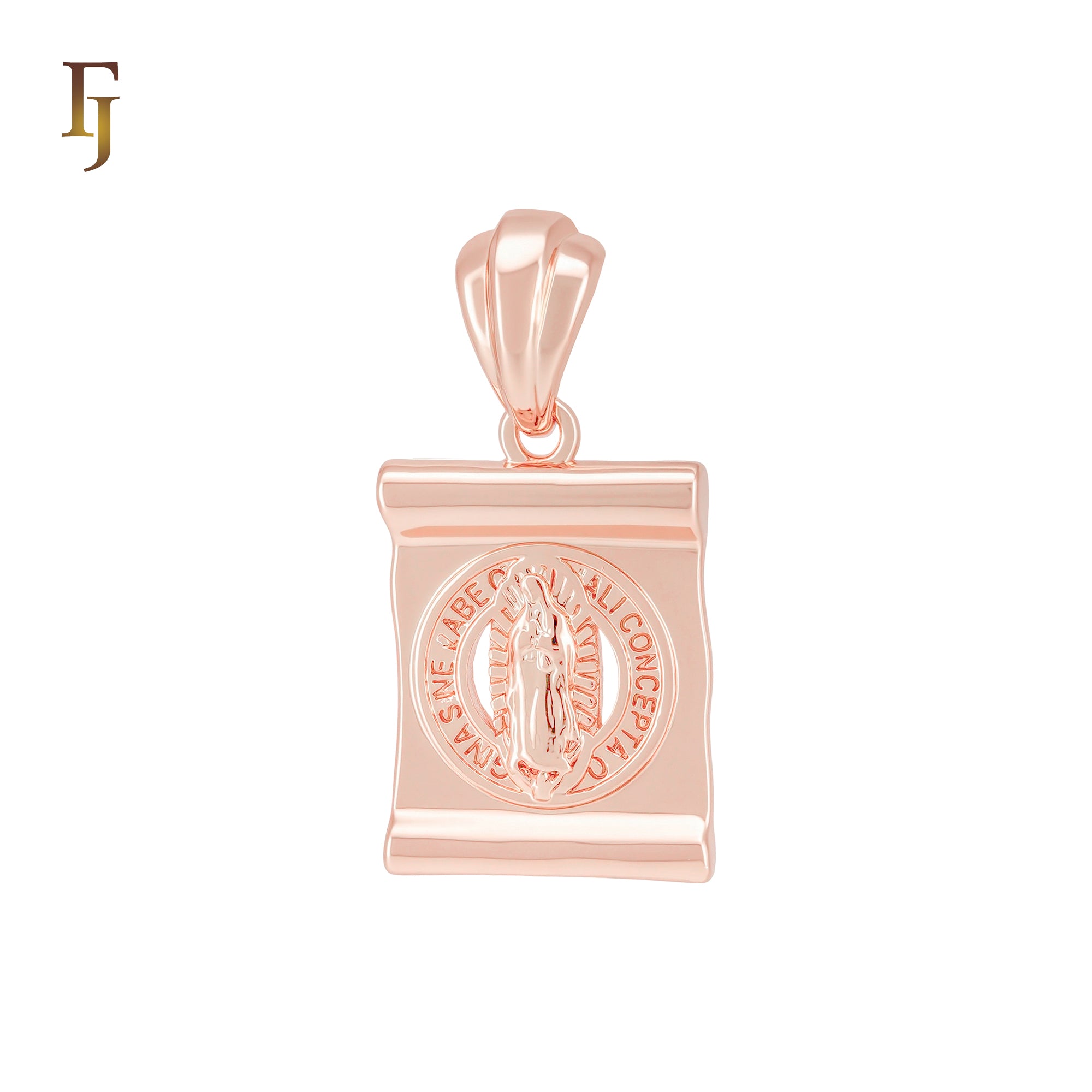 Scroll Reel of Our Lady of Virgin Mary Guadalupe Rose Gold Religious Pendant