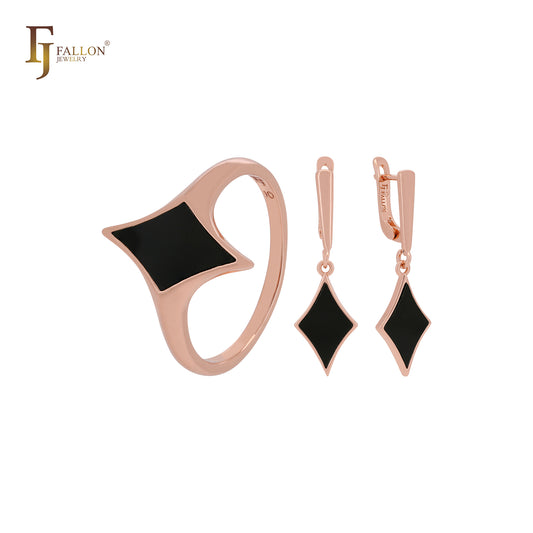 Conjunto de joyas con anillos en oro rosa y estrella de rombos negros pintados