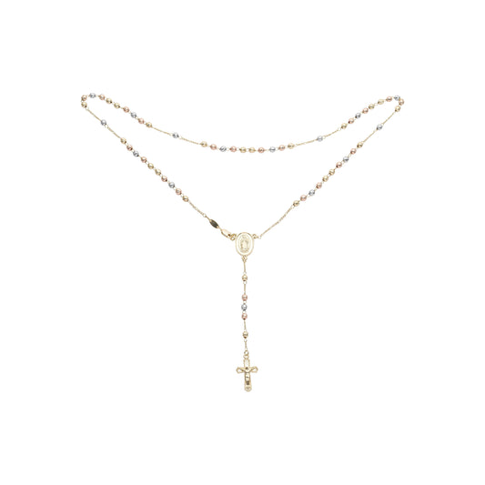 Italian Virgin of Guadalupe Catholic Rosary Necklace (Corrugated Round Beads) plated in 14K Gold, 14K Gold two tone