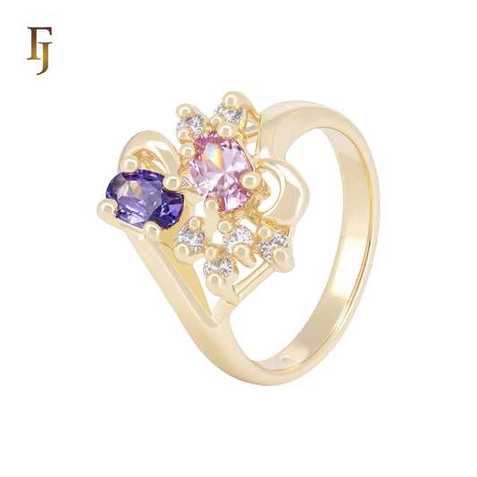 Cluster Purple Pink CZs 14K Gold Fashion Rings