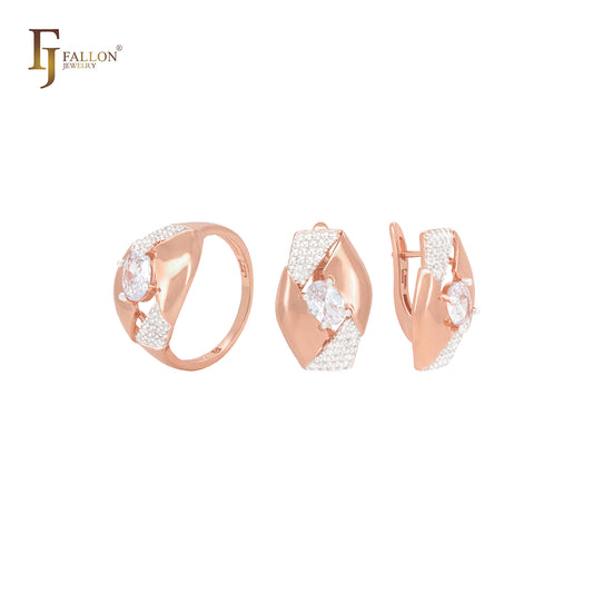 Conjunto de joyas de oro rosa de dos tonos con anillos y circonita blanca solitaria en forma de hexágono ovalado con circonitas blancas pavimentadas