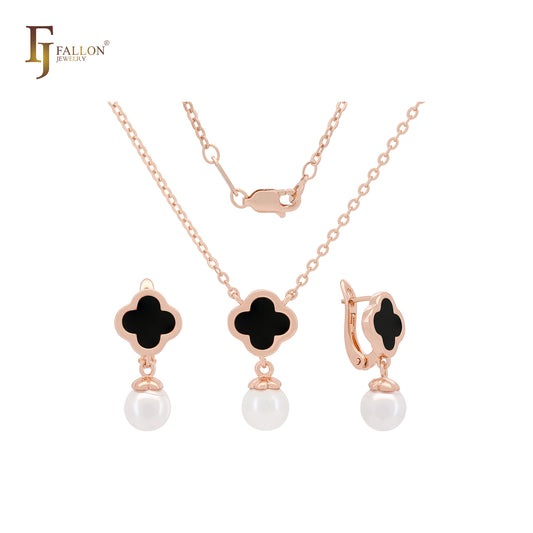 Perle mit Kleeblatt aus weißem oder schwarzem Roségold-Schmuckset mit Anhängerkette