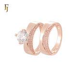 Geometric double white CZs paved 14K Gold, Rose Gold Wedding Set Rings Engagement and Band