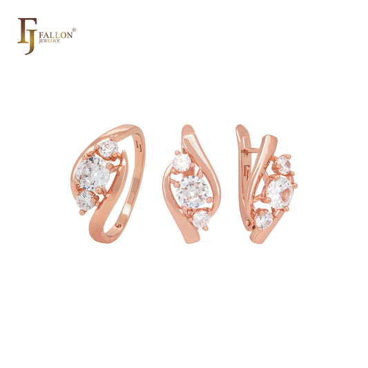 Elegante conjunto de joyas de oro rosa con anillos y triple circonita blanca engastada.