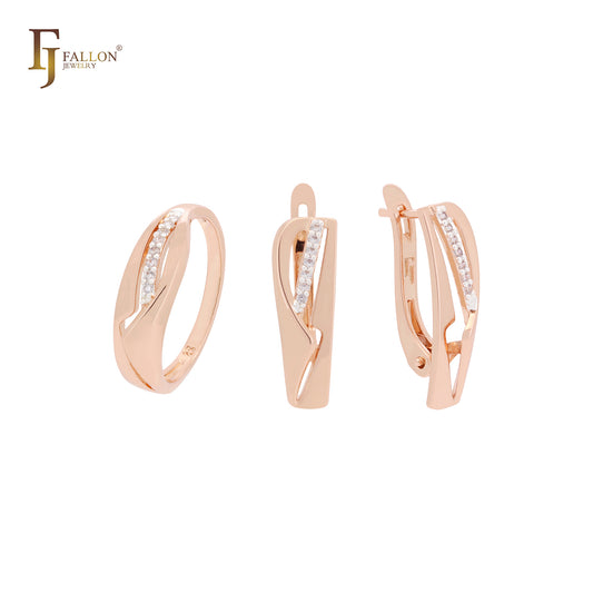 Conjunto de joyas de oro rosa de dos tonos con anillos, diseño geométrico con un toque de circonitas blancas