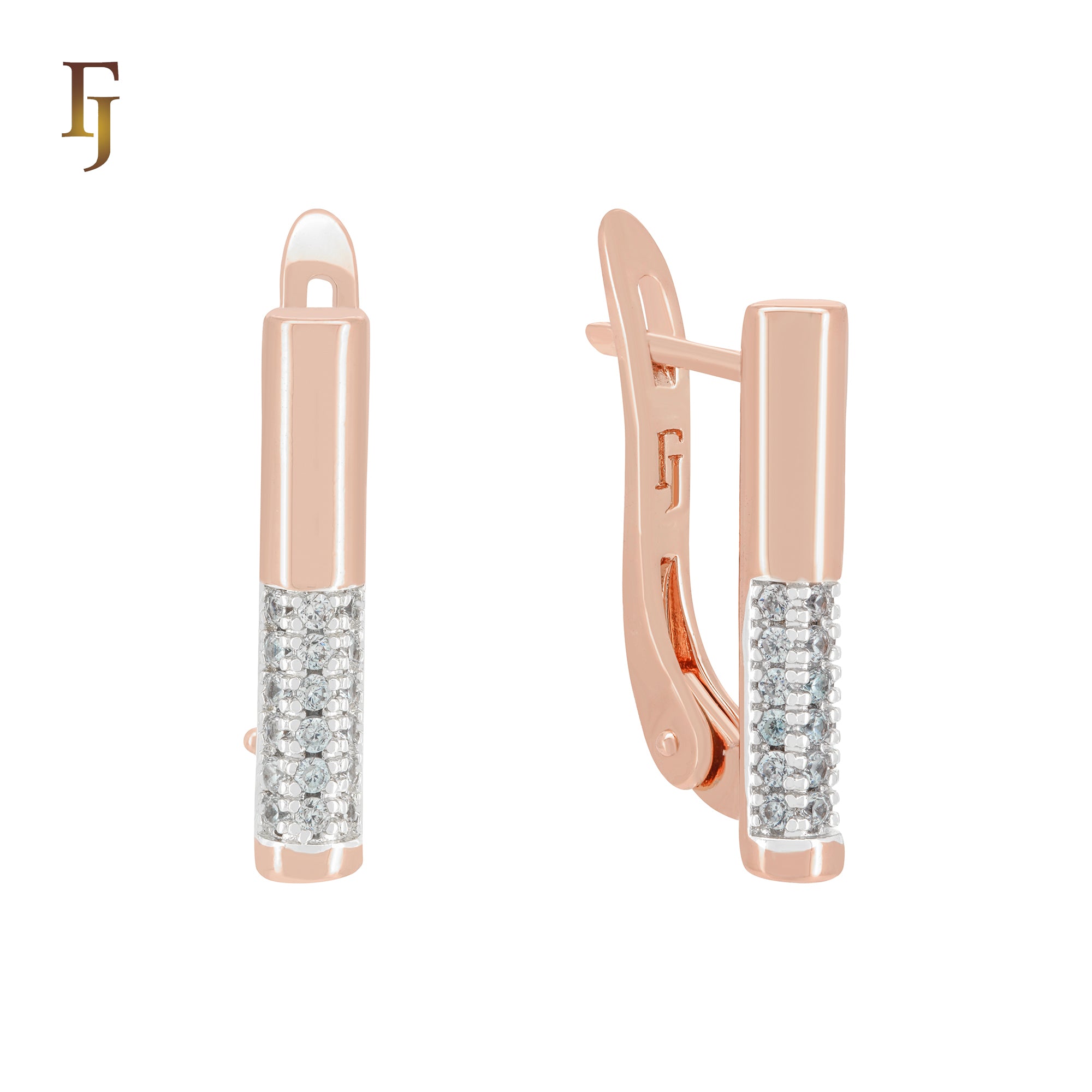 Bar of cluster white CZs Rose Gold two tone Russian Lock Earrings