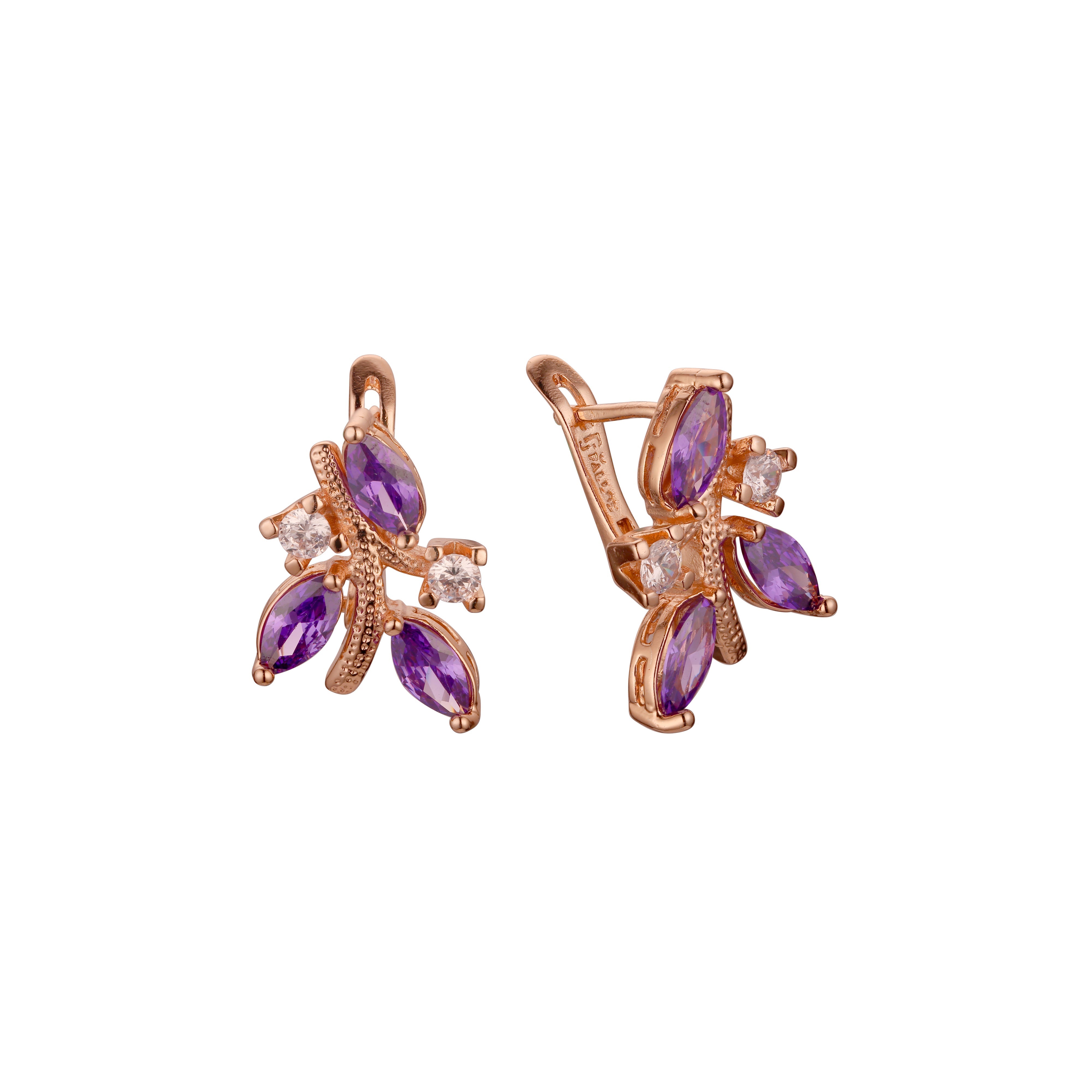 Pendientes de oro rosa de 14 quilates con hojas en rama y circonitas cúbicas