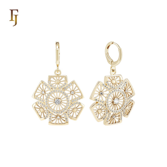 Open Blooming Snowflake of white CZs 14K Gold Huggie drop Earrings