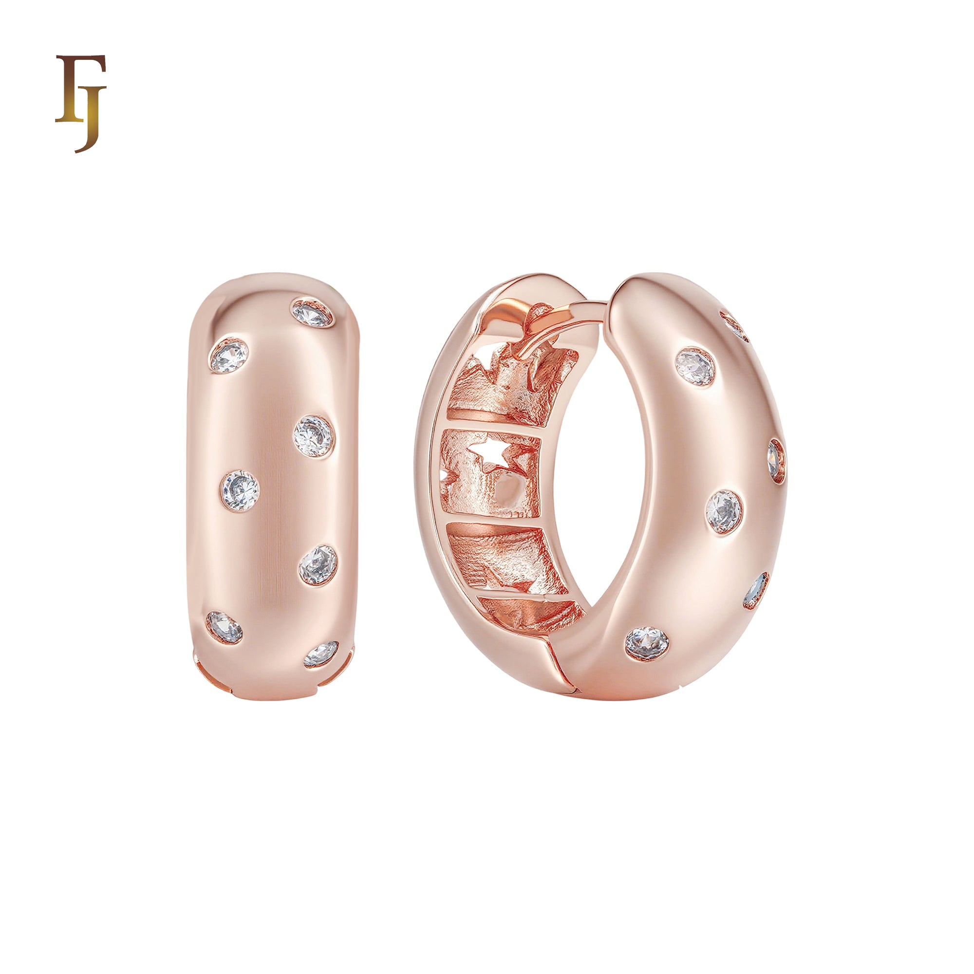 Small white CZs mixed with Stars Rose Gold Huggie Earrings