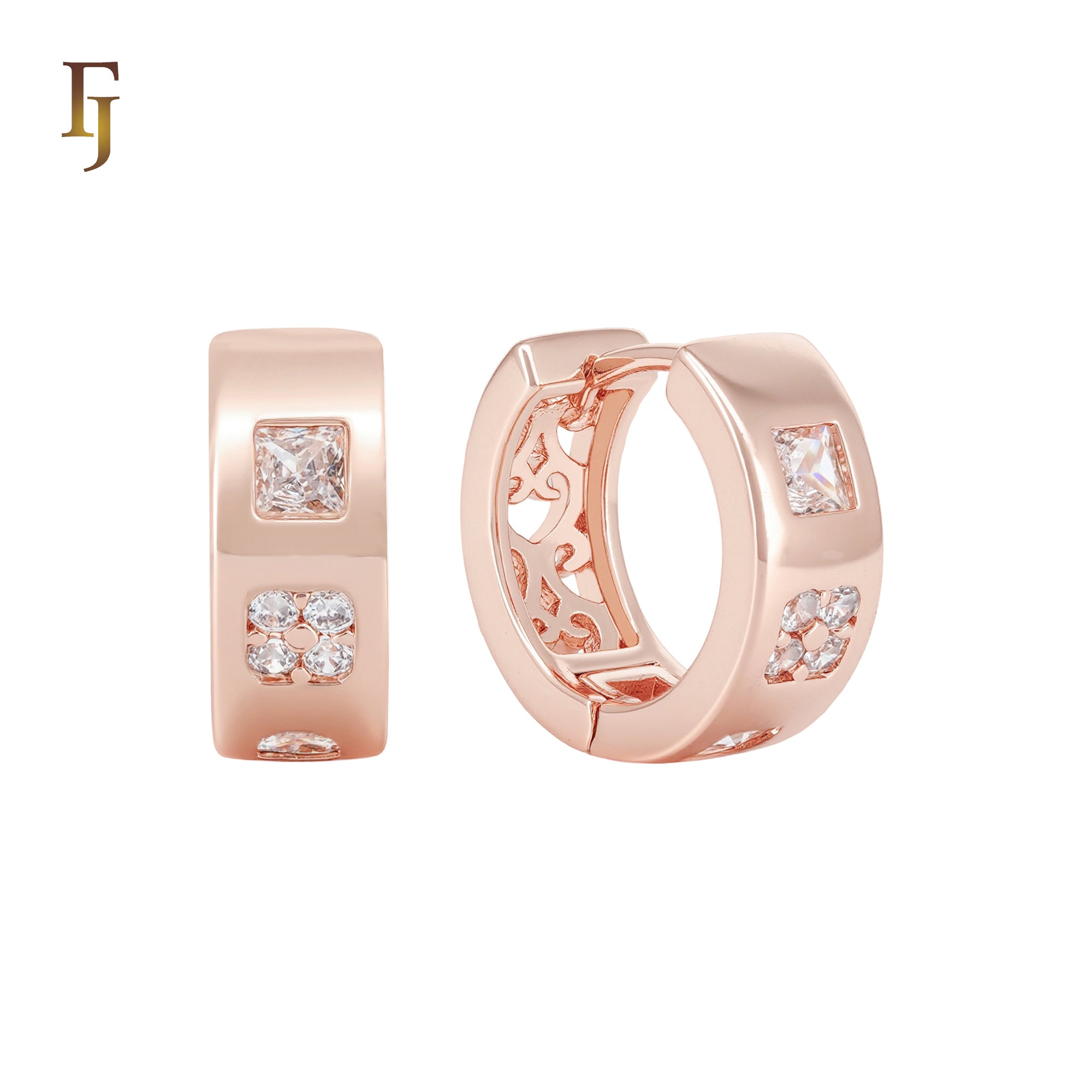 White CZs Rose Gold Wide Huggie Earrings