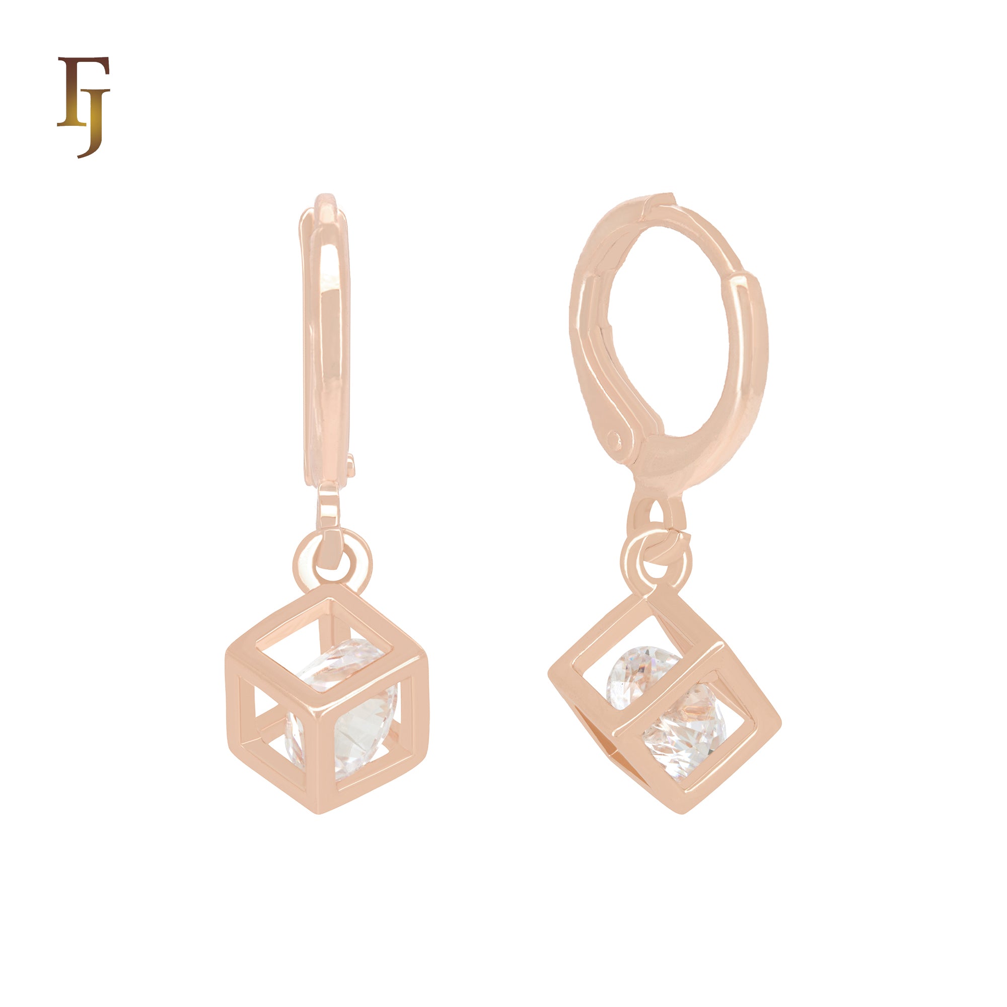 Geometric white CZ solitaire encaged Rose Gold Huggie Earrings